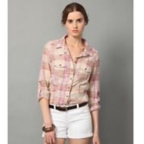 Free People Pale Pink Plaid Utility Button Down - Picture 4 of 16